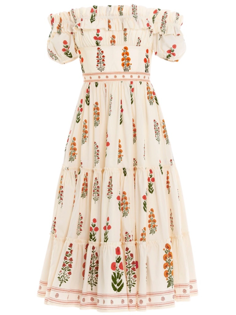 Agua Bendita Cream Midi Dress with Orange, Red & Green Floral Print